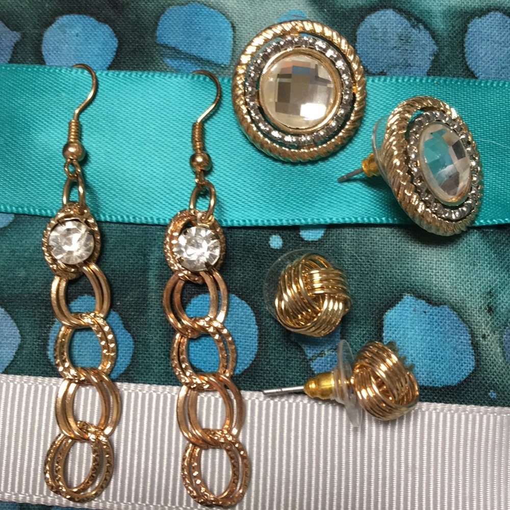 EUC. Gold & rhinestone earrings, 3 pair